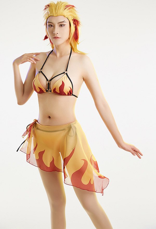 Miccostumes Swimsuits Flame Pattern Bikini Set Lace Up Top and Bottoms Two-Piece Bathing Suit Swimwear with with Chiffon Wrap Skirt Sarong