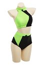 Traje de baño Miccostumes Verde y negro empalmado para bañarse Cremallera de espalda Bikini Set de cuello alto y pantalones cortos de cintura alta Traje de baño de dos piezas Traje de baño