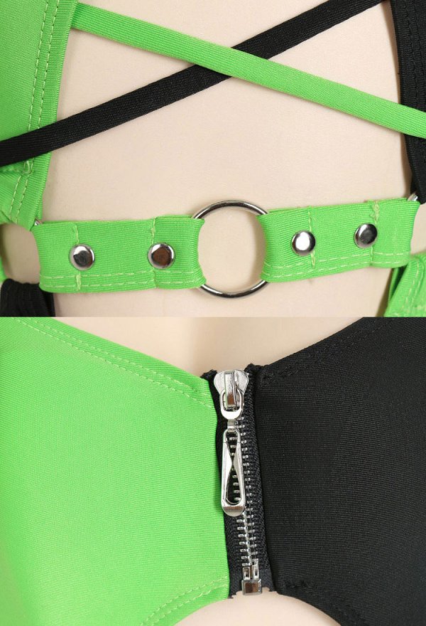 Shego Derivative Sexy Gótico Traje de baño de una pieza para mujer verde y negro con corte empalmado