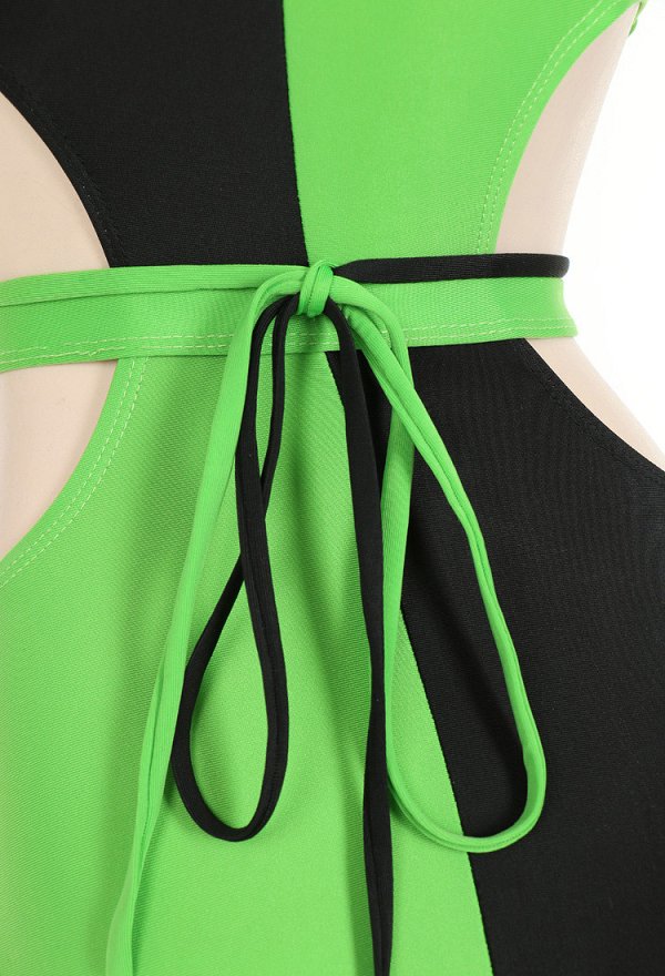 Shego Derivative Sexy Gótico Traje de baño de una pieza para mujer verde y negro con corte empalmado
