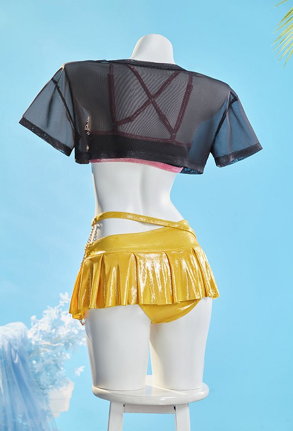 K-POP: Cazadoras de Demonios Traje de baño Split Estampado Top y Falda Pantalónes con Encubrimiento y Cadena en la Cintura K-POP: Cazadoras de Demonios Traje de baño Split Estampado Top y Falda Pantalónes con Encubrimiento y Cadena en la Cintura