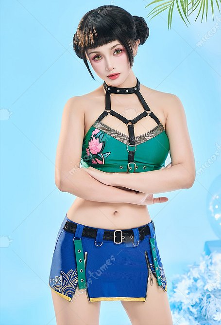 K-Pop Cazadoras de Demonios Zoey Derivado Traje de baño estampado de dos piezas con top de cuello halter y falda con cremallera