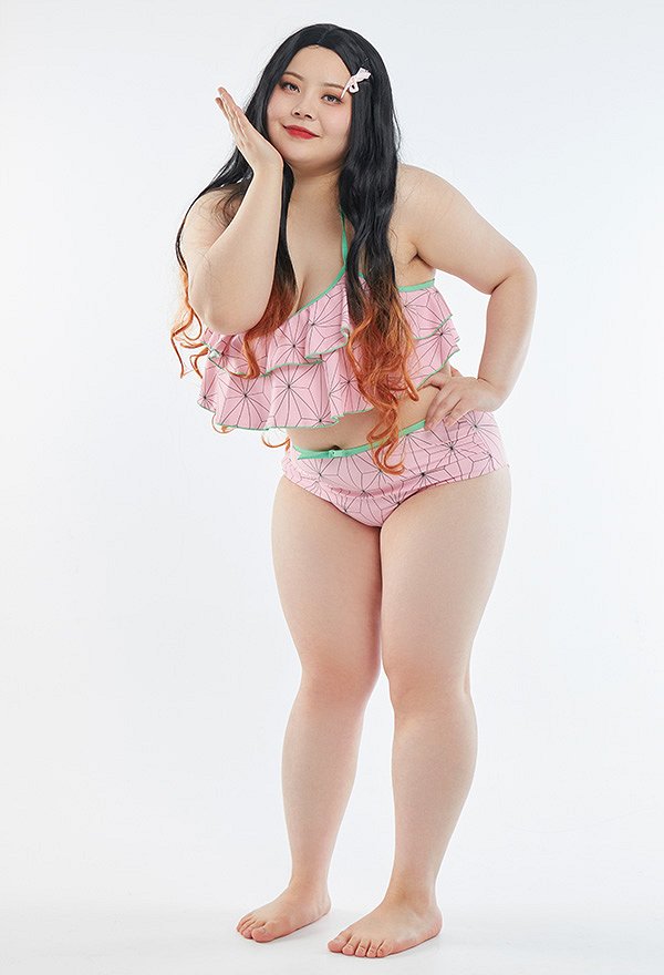 Traje de baño de dos piezas para mujer Kawaii de talla grande KNY Red Bean Cosplay rosa cintura alta con volantes y capas