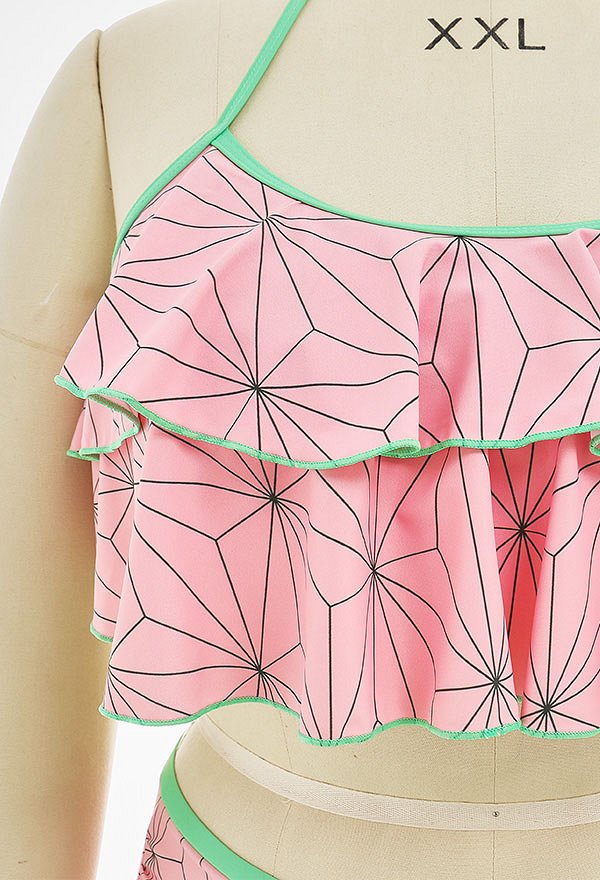 Traje de baño de dos piezas para mujer Kawaii de talla grande KNY Red Bean Cosplay rosa cintura alta con volantes y capas