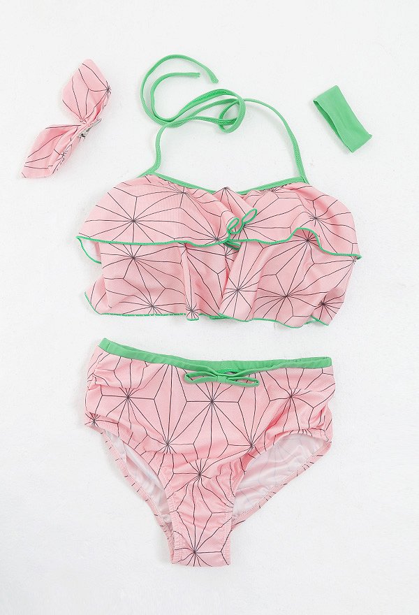 Traje de baño de dos piezas para mujer Kawaii de talla grande KNY Red Bean Cosplay rosa cintura alta con volantes y capas