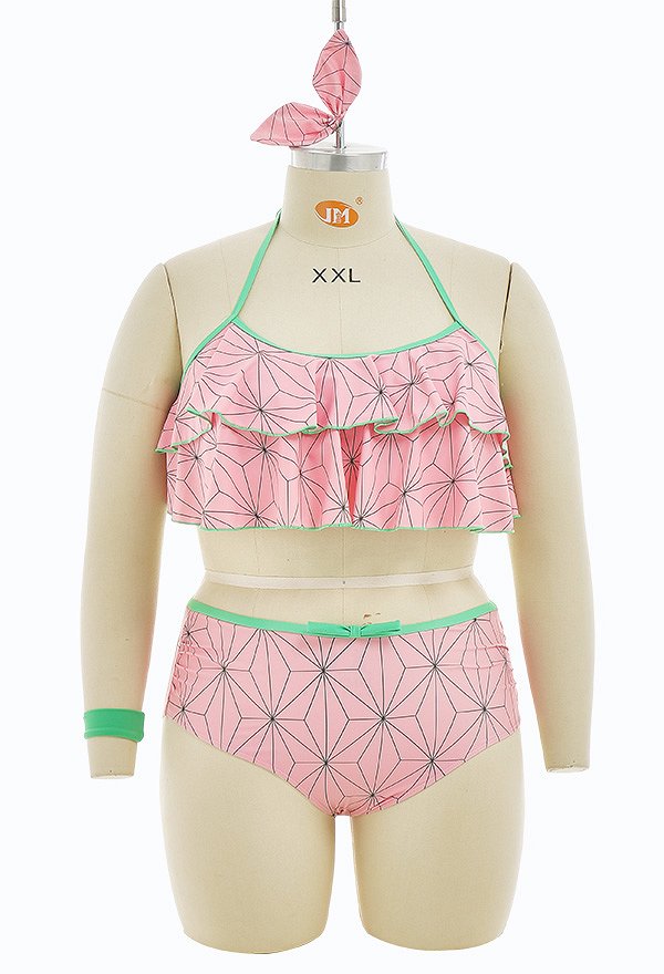 Traje de baño de dos piezas para mujer Kawaii de talla grande KNY Red Bean Cosplay rosa cintura alta con volantes y capas