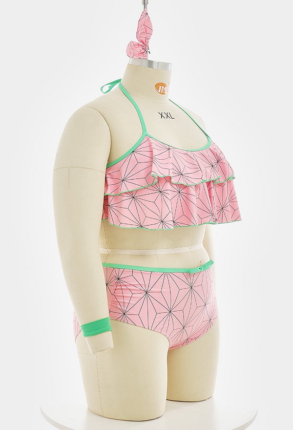 Traje de baño de dos piezas para mujer Kawaii de talla grande KNY Red Bean Cosplay rosa cintura alta con volantes y capas