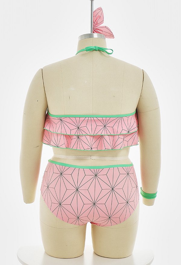 Traje de baño de dos piezas para mujer Kawaii de talla grande KNY Red Bean Cosplay rosa cintura alta con volantes y capas