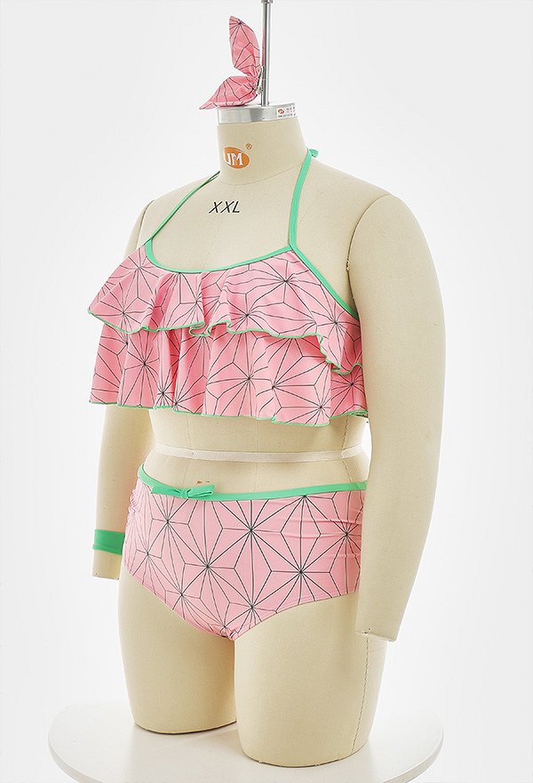 Traje de baño de dos piezas para mujer Kawaii de talla grande KNY Red Bean Cosplay rosa cintura alta con volantes y capas