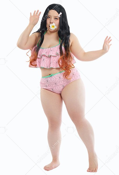 Maillot de bain deux pièces rose à taille haute et volants superposés pour femmes KNY Red Bean Cosplay taille forte kawaii