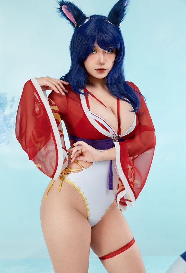 Ahri Derivaitve One Piece Swimsuit Überkreuzten Trägern Bademode Badeanzug mit Chiffon Überzug Ohren