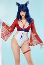 Ahri Derivaitve One Piece Swimsuit Überkreuzten Trägern Bademode Badeanzug mit Chiffon Überzug Ohren