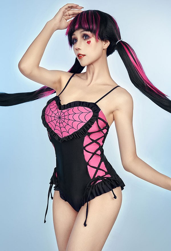 Ula Derivative Swimsuit One-Piece Badeanzug Schwarz Pink Herz Bademode Spinnennetz Bodysuit