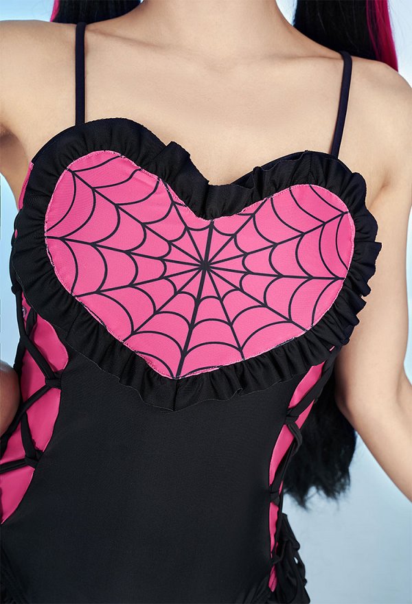 Ula Derivative Swimsuit One-Piece Badeanzug Schwarz Pink Herz Bademode Spinnennetz Bodysuit