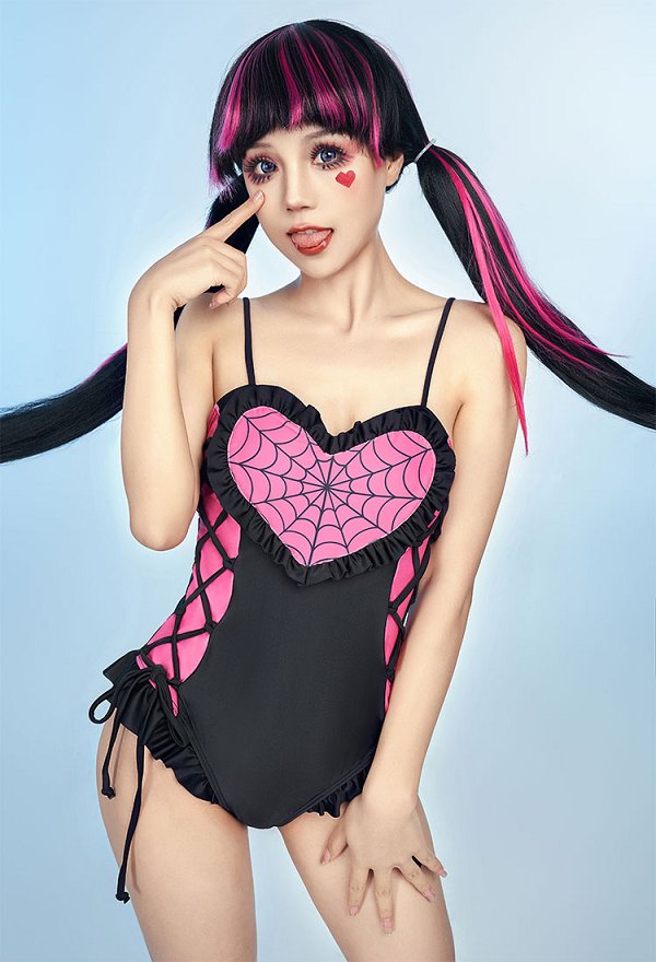 Ula Derivative Swimsuit One-Piece Badeanzug Schwarz Pink Herz Bademode Spinnennetz Bodysuit