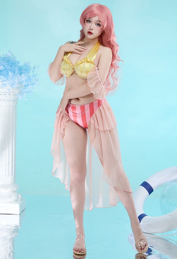 Traje de Baño de Dos Piezas Derivado de Princesa Sirena Top Halter Bañador con Mangas y Cadena en la Cintura Traje de Baño de Dos Piezas Derivado de Princesa Sirena Top Halter Bañador con Mangas y Cadena en la Cintura