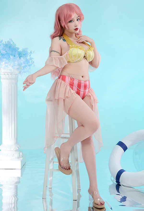 Traje de Baño de Dos Piezas Derivado de Princesa Sirena Top Halter Bañador con Mangas y Cadena en la Cintura Traje de Baño de Dos Piezas Derivado de Princesa Sirena Top Halter Bañador con Mangas y Cadena en la Cintura