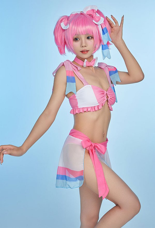 PM Derivado Kawaii Bikini rosa con volantes top con cordones y pantalones cortos de cintura baja dos piezas