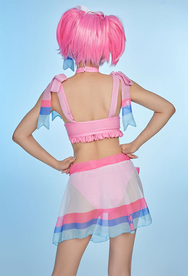PM Derivado Kawaii Bikini rosa con volantes top con cordones y pantalones cortos de cintura baja dos piezas
