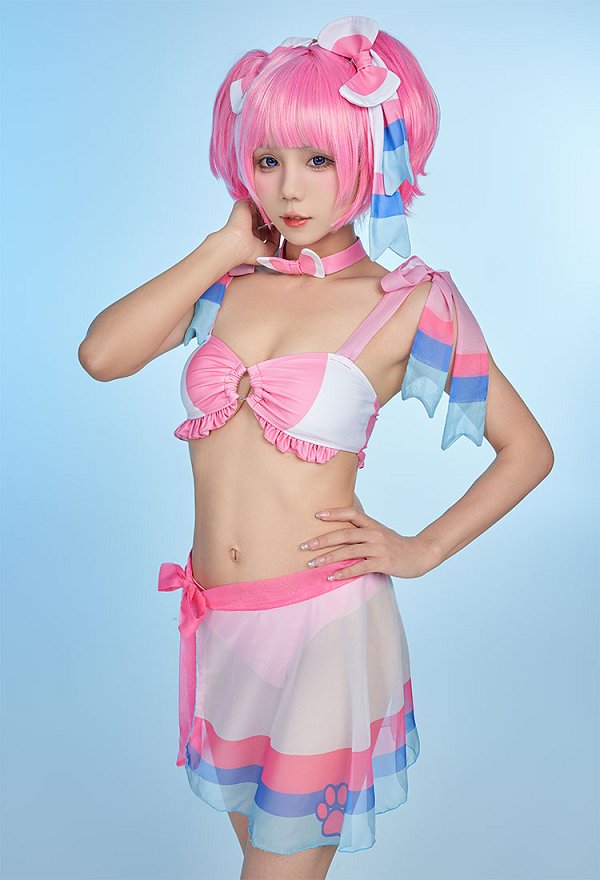 PM Derivado Kawaii Bikini rosa con volantes top con cordones y pantalones cortos de cintura baja dos piezas