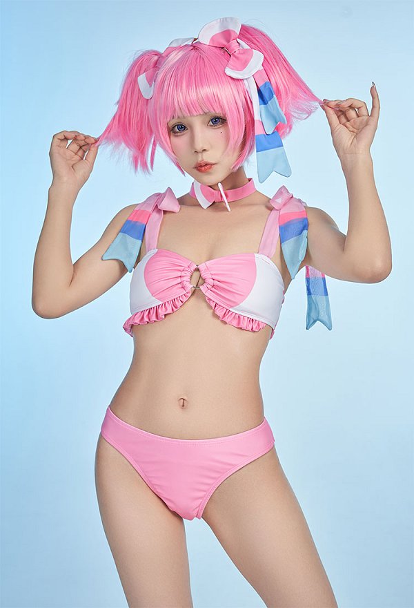 PM Derivado Kawaii Bikini rosa con volantes top con cordones y pantalones cortos de cintura baja dos piezas