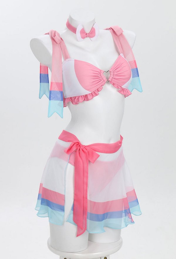 PM Derivado Kawaii Bikini rosa con volantes top con cordones y pantalones cortos de cintura baja dos piezas