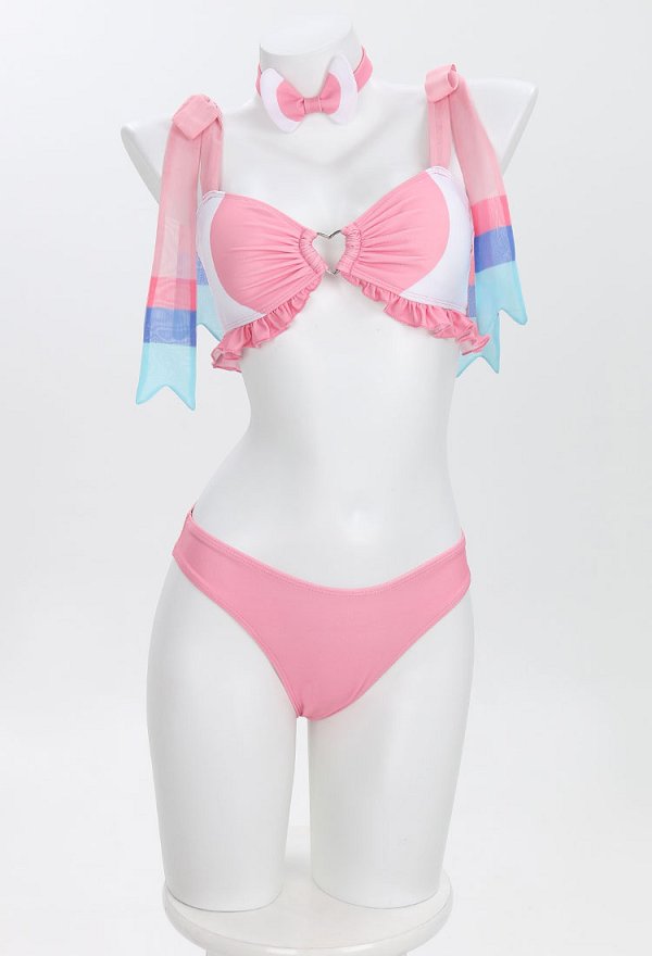 PM Derivado Kawaii Bikini rosa con volantes top con cordones y pantalones cortos de cintura baja dos piezas