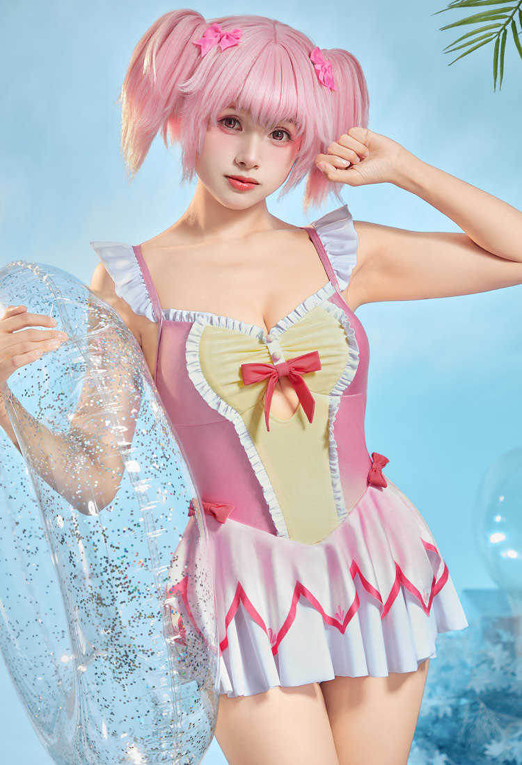 Puella Magi Madoka Derivado Cosplay Lindo traje de baño enterizo estampado con pinza para el cabello con lazo