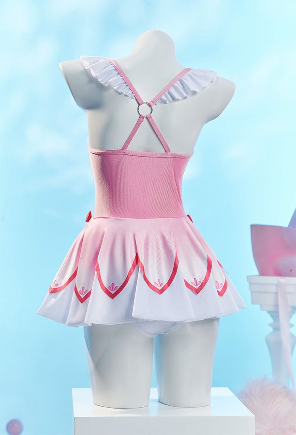Puella Magi Madoka Derivado Cosplay Lindo traje de baño enterizo estampado con pinza para el cabello con lazo Puella Magi Madoka Derivado Cosplay Lindo traje de baño enterizo estampado con pinza para el cabello con lazo