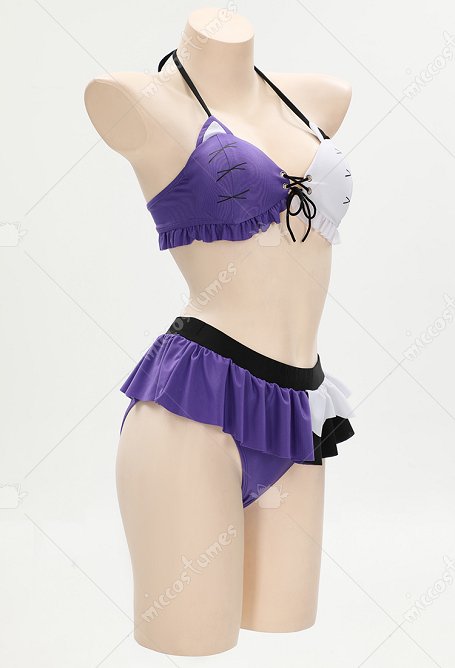 Maillot de bain style gothique dérivé de la poupée Stocking Cat noir et violet avec haut dos nu à lacets et bas triangle