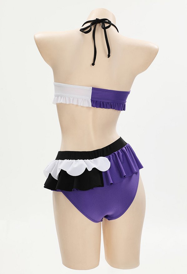 Traje de baño estilo gótico derivado de Stocking Cat Doll con top halter con cordones y braguita triangular en color negro y morado Traje de baño estilo gótico derivado de Stocking Cat Doll con top halter con cordones y braguita triangular en color negro y morado