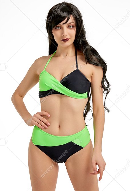 Miccostumes Trajes de Baño Verde Negro Contraste Sexy Conjunto de Bikini Sujetador Halter y Braga de Dos Piezas 
