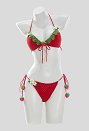 Lindo conjunto de bikini de punto de fresa con lazo en el cuello halter