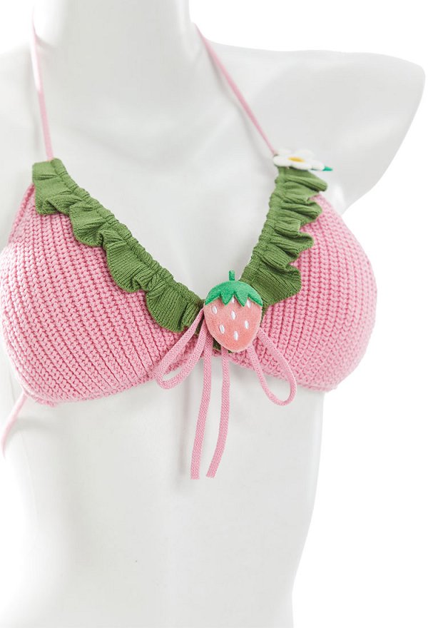 Kawaii Erdbeer Strick Bikini Set Bademode Neckholder Zweiteiler Two Piece Swimsuit Badeanzug