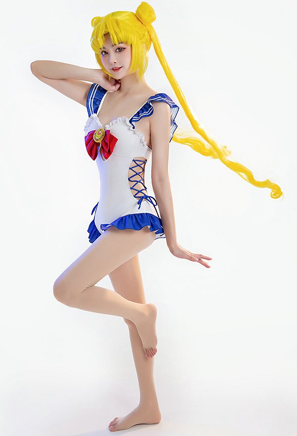Miccostumes Swimsuits Ruffled for Bathing Lace-up One-Piece Bathing Suit Bow Decoration Swimwear
