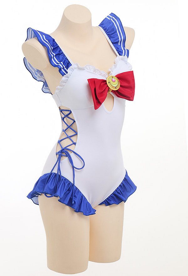 Miccostumes Swimsuits Ruffled for Bathing Lace-up One-Piece Bathing Suit Bow Decoration Swimwear