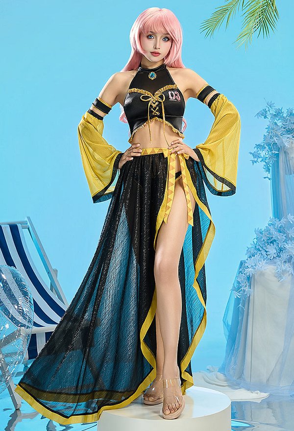 Vocal Luka Derivado Traje de baño de dos piezas con top halter y ropa interior con falda y mangas de tul. Vocal Luka Derivado Traje de baño de dos piezas con top halter y ropa interior con falda y mangas de tul.