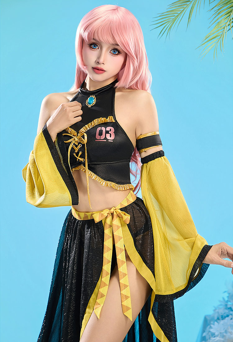 Luka Derivative Two-piece Swimsuit Halter Top and Bottom with Wrap Skirt and Sleeves