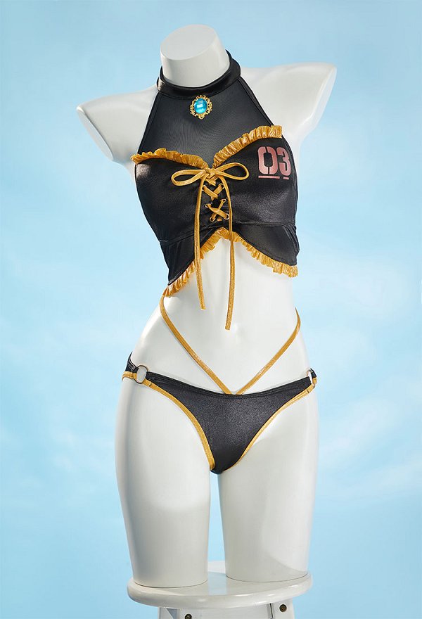 Vocal Luka Derivado Traje de baño de dos piezas con top halter y ropa interior con falda y mangas de tul. Vocal Luka Derivado Traje de baño de dos piezas con top halter y ropa interior con falda y mangas de tul.