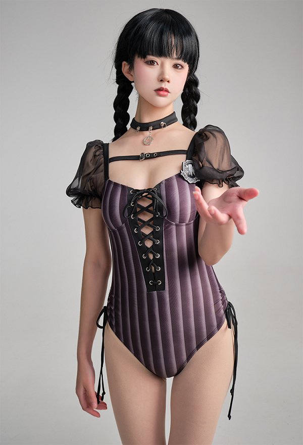 Miércoles Derivado Bañador sexy con mangas abullonadas Bañador a rayas Bañador de una pieza con cordones