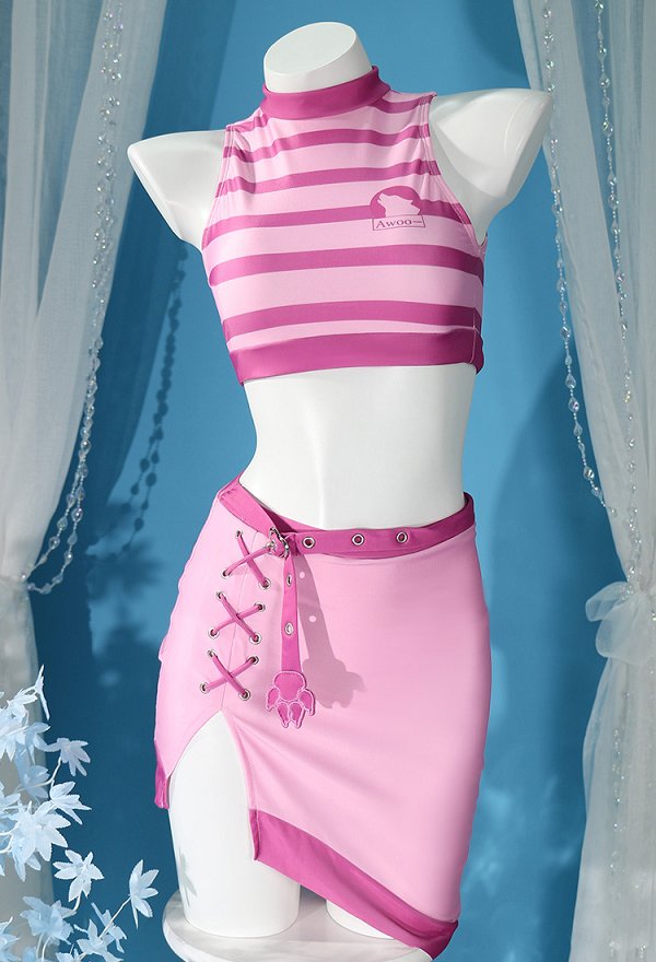 Enid Sinclair Derivative Bathing Suit Striped Crop Top and Skort with Gloves Two Piece Swimwear
