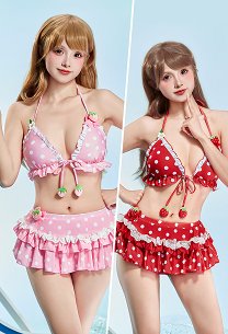 Cute Strawberry Bikini Set Retro Polka Dot Swimsuit with Bow