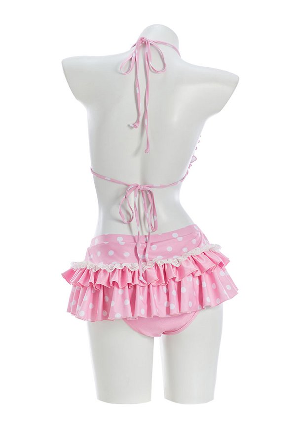 Traje de baño conjunto de bikini de fresa con lunares retro y lazo. Traje de baño conjunto de bikini de fresa con lunares retro y lazo.