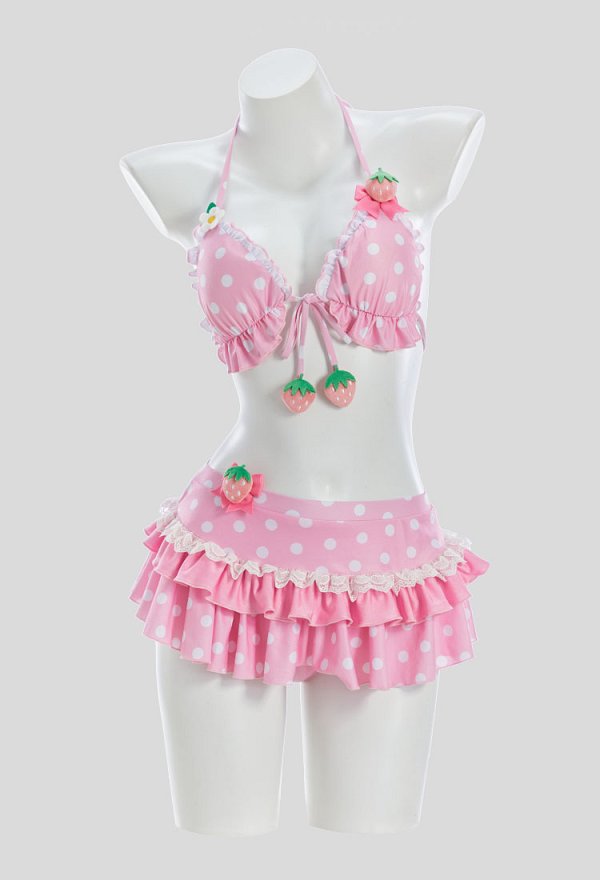 Traje de baño conjunto de bikini de fresa con lunares retro y lazo. Traje de baño conjunto de bikini de fresa con lunares retro y lazo.