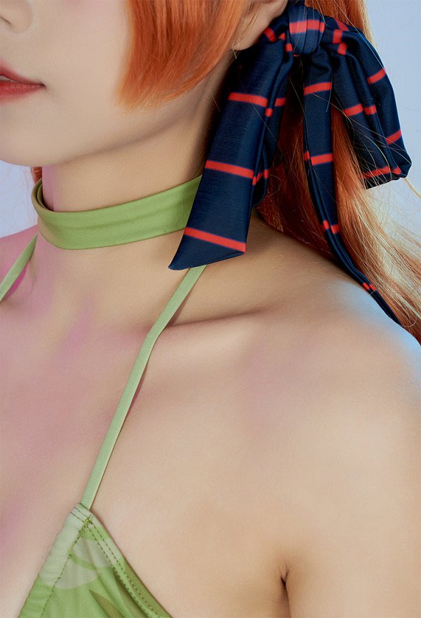 Nick Derivative One-Piece Swimsuit for Women Green Orange Sexy Halter Cutout Lace-up Swimwear Bathing Suit with Green Prints Cover-up and Hair Ribbon and Choker
