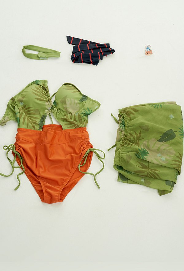 Nick Derivative One-Piece Swimsuit for Women Green Orange Sexy Halter Cutout Lace-up Swimwear Bathing Suit with Green Prints Cover-up and Hair Ribbon and Choker