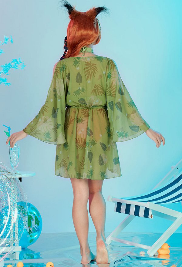 Nick Derivative One-Piece Swimsuit for Women Green Orange Sexy Halter Cutout Lace-up Swimwear Bathing Suit with Green Prints Cover-up and Hair Ribbon and Choker
