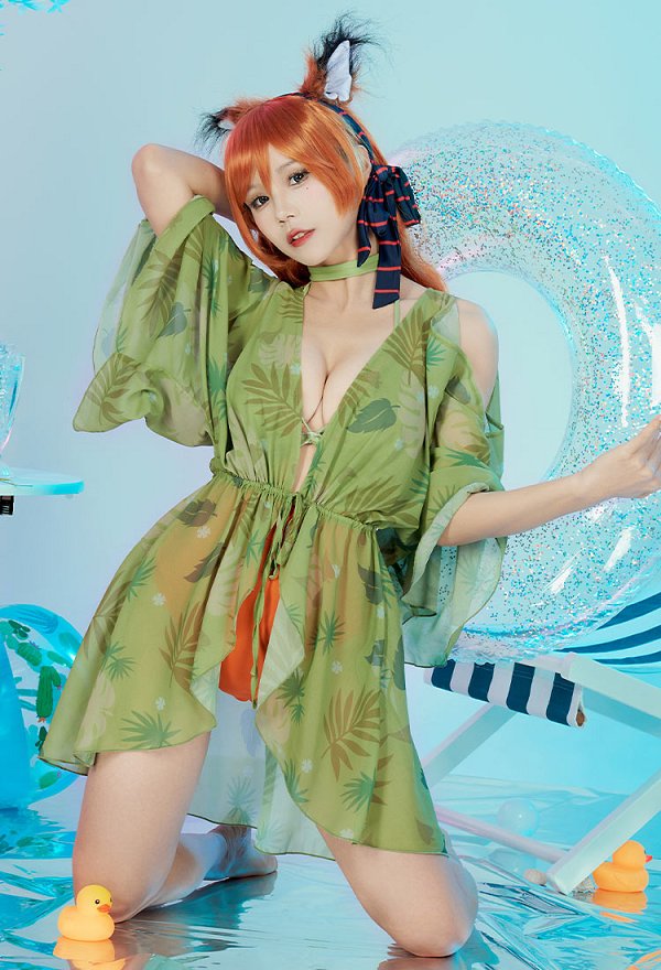Nick Derivative One-Piece Swimsuit for Women Green Orange Sexy Halter Cutout Lace-up Swimwear Bathing Suit with Green Prints Cover-up and Hair Ribbon and Choker