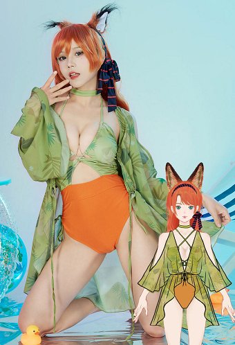 Maillot de bain une pièce dérivé Nick pour femmes Vert Orange Maillot de bain sexy à dos nu et lacets avec imprimés verts cache-maillot ruban pour les cheveux et collier ras-du-cou