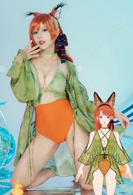 Maillot de bain une pièce dérivé Nick pour femmes Vert Orange Maillot de bain sexy à dos nu et lacets avec imprimés verts cache-maillot ruban pour les cheveux et collier ras-du-cou